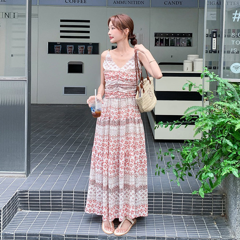 【ワンピース】ボヘミアン 花柄 Vネック ノースリーブワンピース レディース 夏 フレンチ風 大人っぽく 美しい リゾート フレアロングドレス【SHシリーズ】【JZシリーズ】