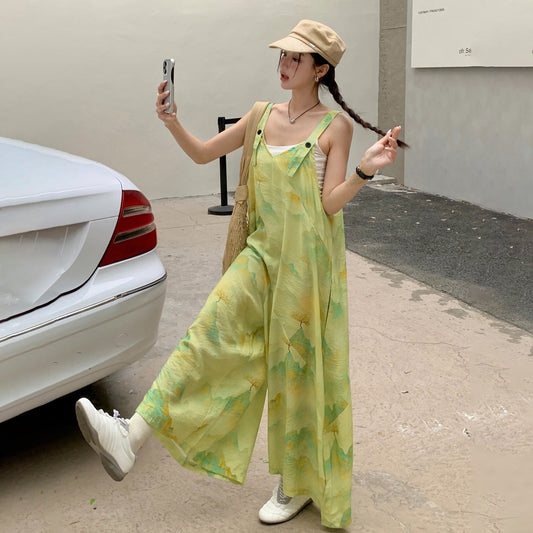 【ボトムス】レトロ映えマスタードグリーンプリント 夏新作 着痩せ効果 オールインワン【SHシリーズ】