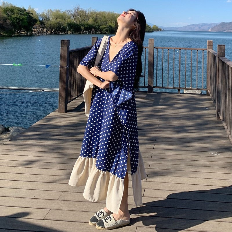 【ワンピース】高級感 ドット柄 シフォン 半袖ワンピース 超人気 おしゃれでリラックス感たっぷり リゾートロングドレス【SHシリーズ】