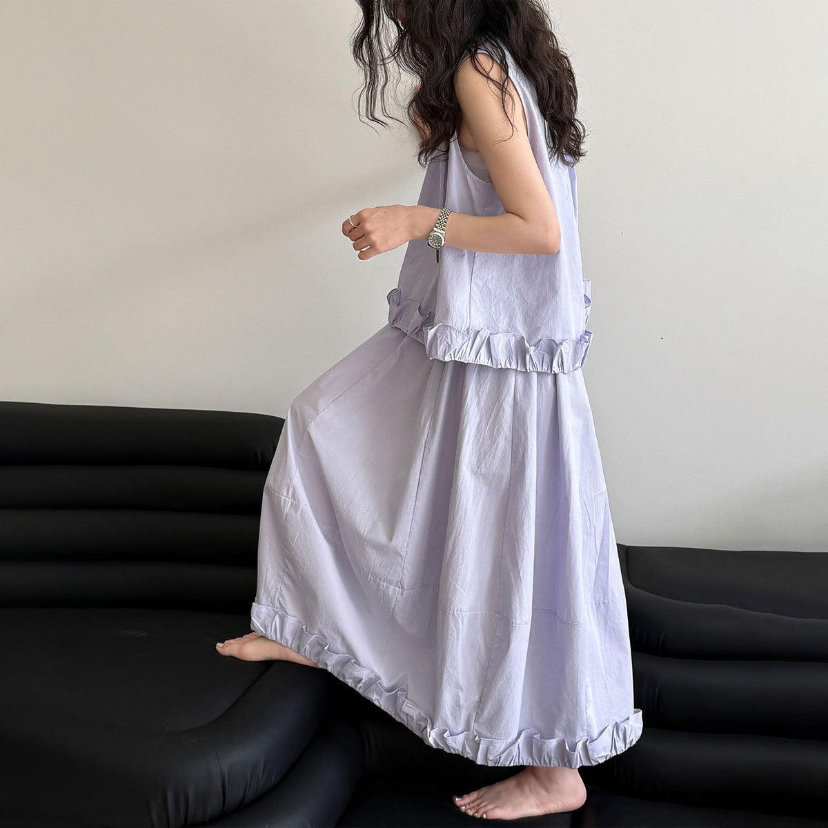 【セットアップ】夏新作 清涼感たっぷり フリルタンクトップ＋スカート 上下セット【SNシリーズ】