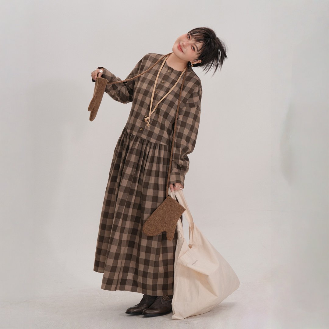 【ワンピース】春 秋 冬  チェック柄 ゆるリラックス ラウンドネック【JZシリーズ】