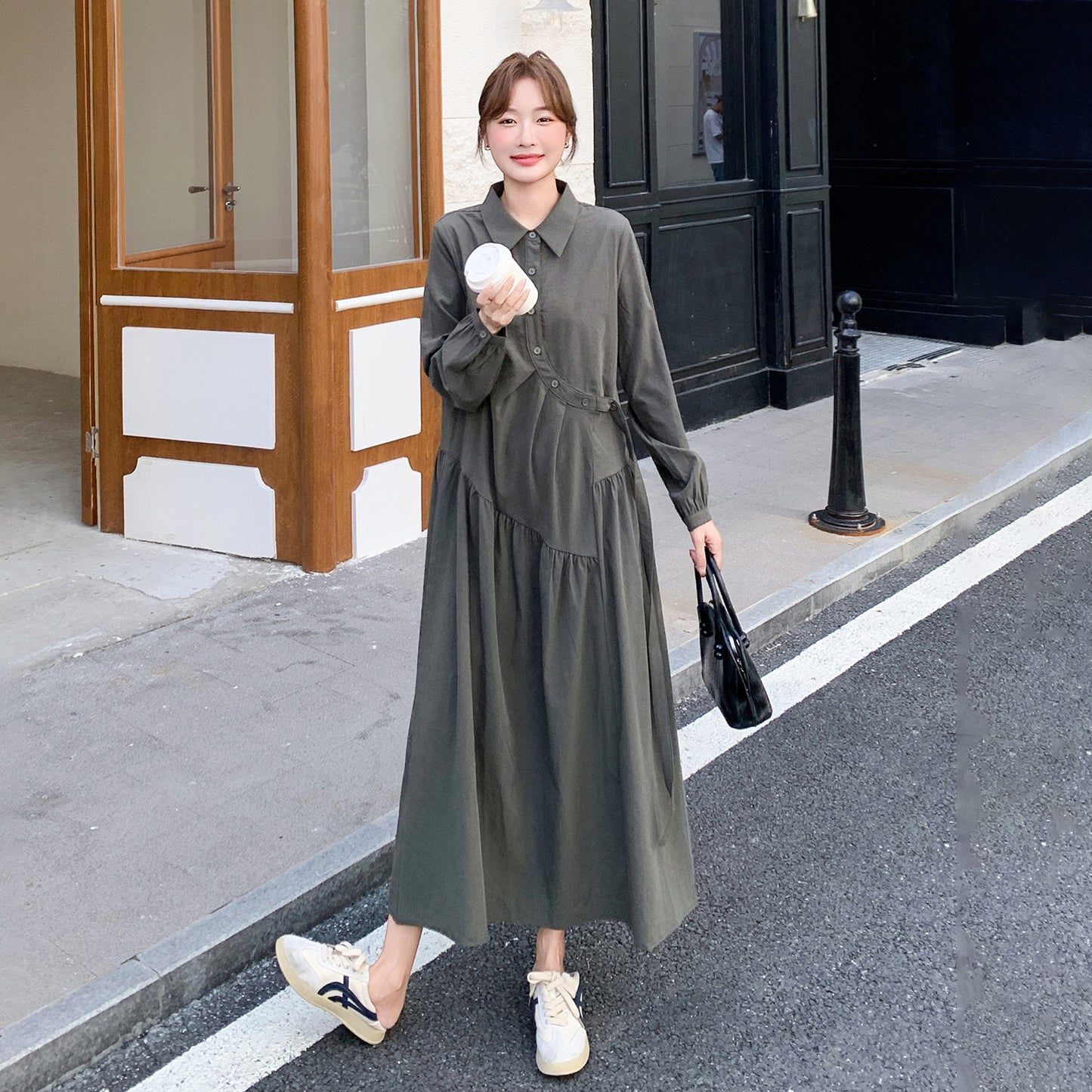 【ワンピース】秋新作 長袖ワンピース レディース 韓国風 ヘップバーン風 細見え 大人可愛い ロング丈【JZシリーズ】
