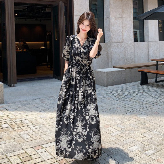 【ワンピース】フレンチ風 花柄 半袖ワンピース レディース 夏 パフスリーブ ティードレス ロング丈【SHシリーズ】