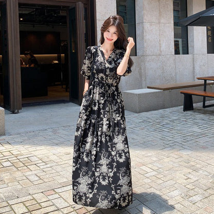 【ワンピース】フレンチ風 花柄 半袖ワンピース レディース 夏 パフスリーブ ティードレス ロング丈【SHシリーズ】