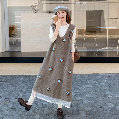 2点セット！【セットアップ】レディース 立体刺繍ジャンパースカート ワンピースセット 秋新作 ブラウン ナチュラル【JZシリーズ】
