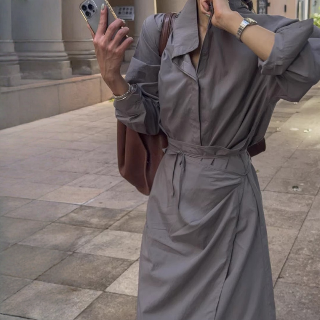 【ワンピース】春 秋 冬 アシンメトリー ウエストリボン 長袖シャツ ワンピース  【JZシリーズ】