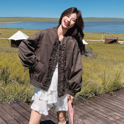 【アウター】カジュアル フリル切り替え スエード調 ショートジャケット【JZシリーズ】