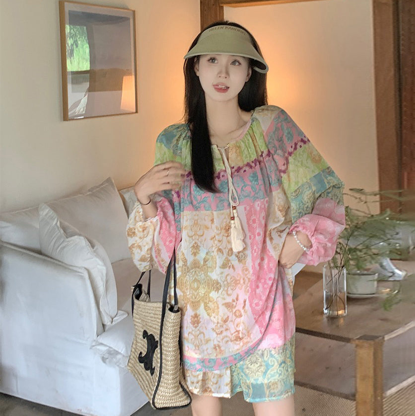 2点セット！【セットアップ】旅行・バカンス風 ドーパミンコーデ UVカット 上下セット 長袖シャツ＋ハイウエストショートパンツ【SHシリーズ】