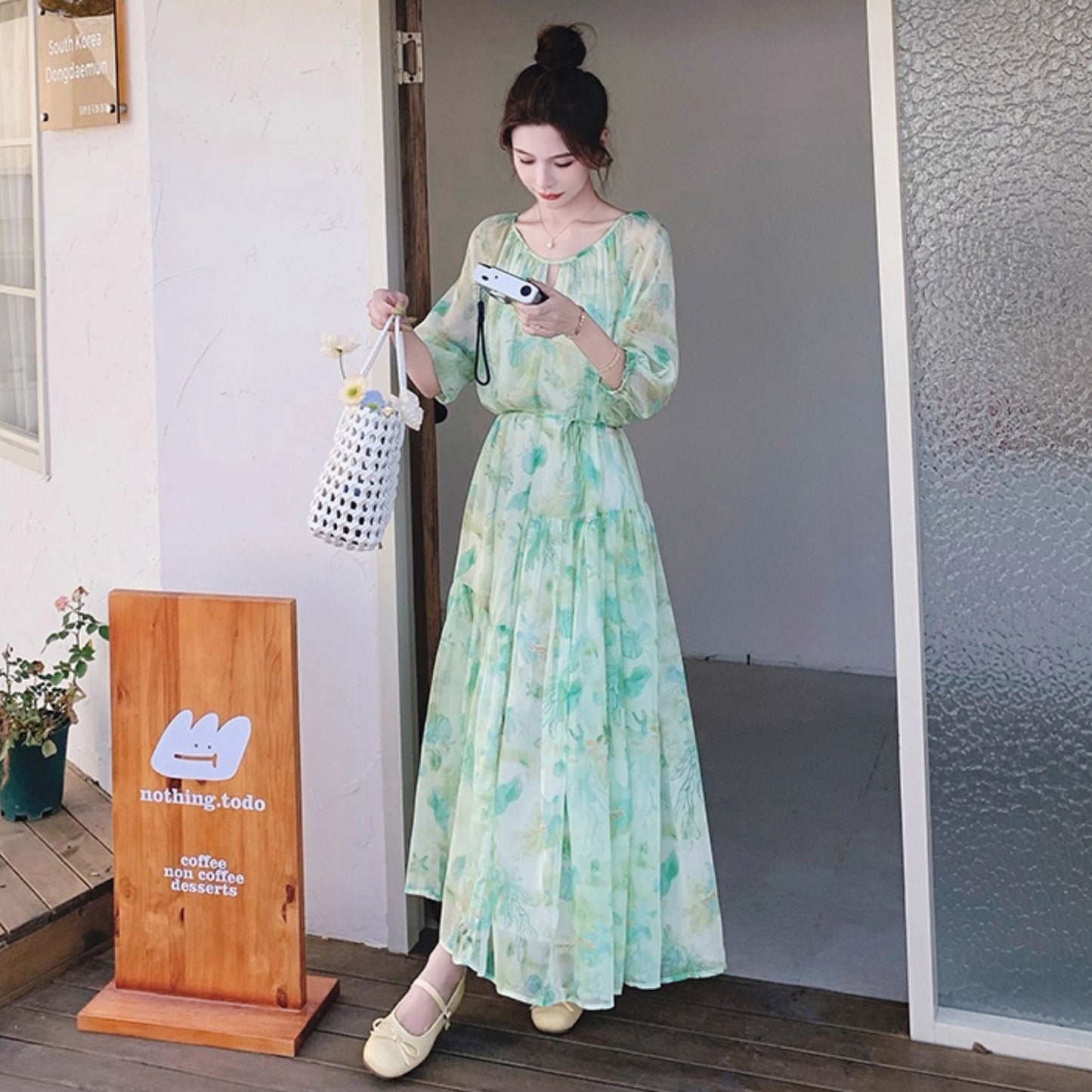 【ワンピース】森ガール風 グリーンぼかし柄 半袖 ワンピース 五分袖 大きめ裾 夏 フレンチリゾート風【SHシリーズ】