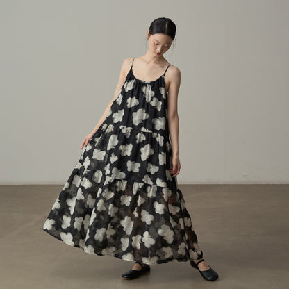 【ワンピース】フレンチレトロ風 花柄ノースリーブワンピース ゆったり体型カバー 休日リゾートコーデに【SHシリーズ】