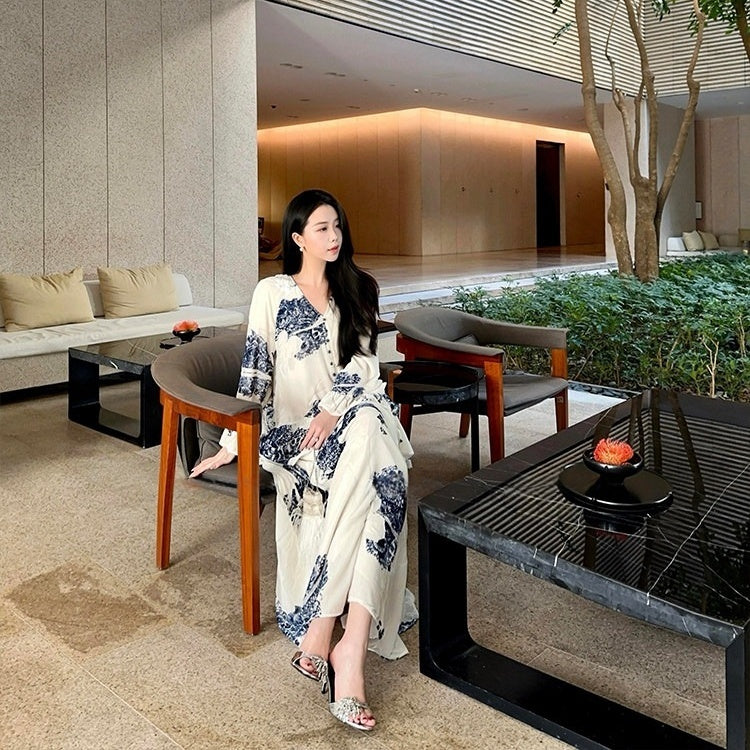 【ワンピース】チャイナテイスト ブルーホワイト柄 フリル フレア 長袖 ワンピース 【SHシリーズ】