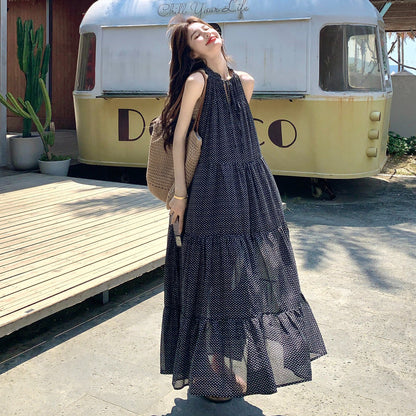 【ワンピース】ドット柄 水玉 ノースリーブワンピース フレンチレトロ ミモレ丈 大きいサイズ 体型カバー 着痩せ きれいめ 上品【SHシリーズ】