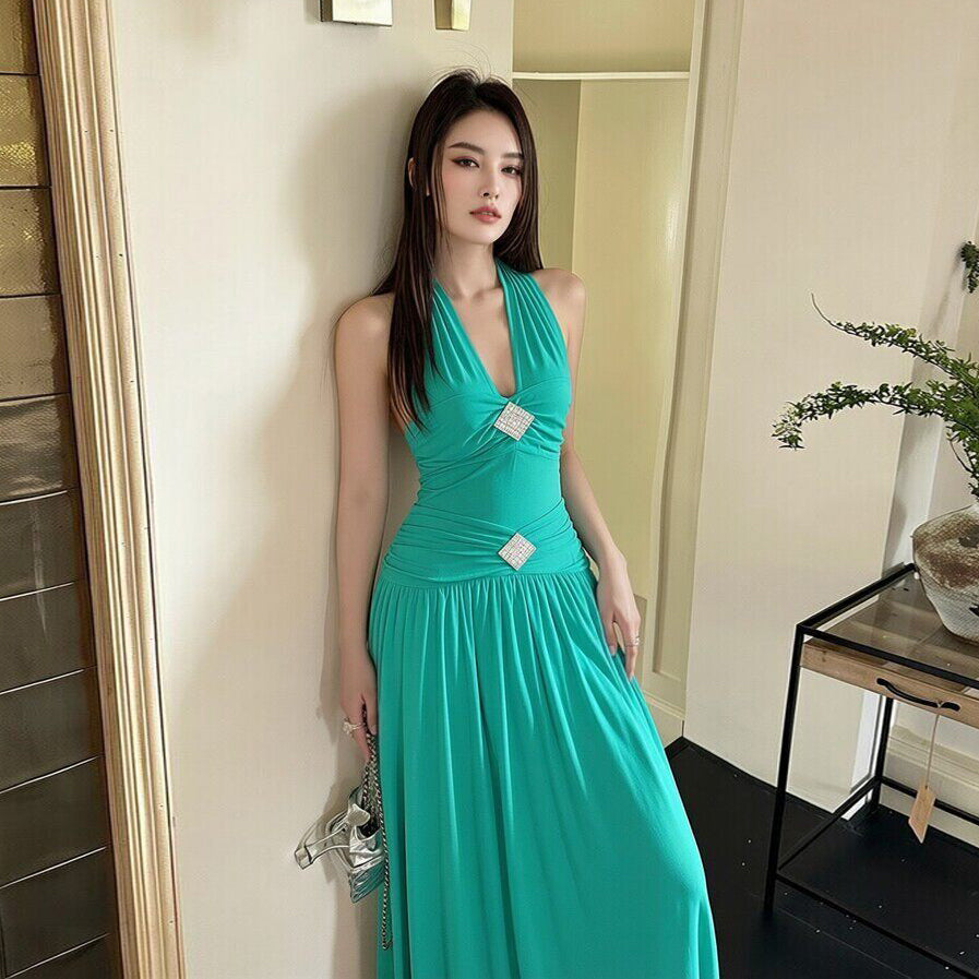 【ワンピース】リゾート風 ミントグリーンワンピース レディース 夏 ホルターネック 背中開き ウエストシェイプ 細見え ノースリーブ ロングドレス【SHシリーズ】