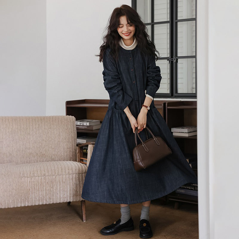 【ワンピース】秋 長袖ワンピース レディース デニム 丸首 ゆったり ミディ丈 森ガール風 文芸 ナチュラル コーデ【JZシリーズ】