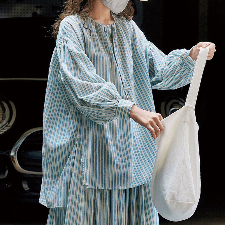 【トップス】春夏秋 ゆったり 快適 日焼け防止 着痩せ ストライプ柄 ランタンスリーブ シャツ【JZシリーズ】