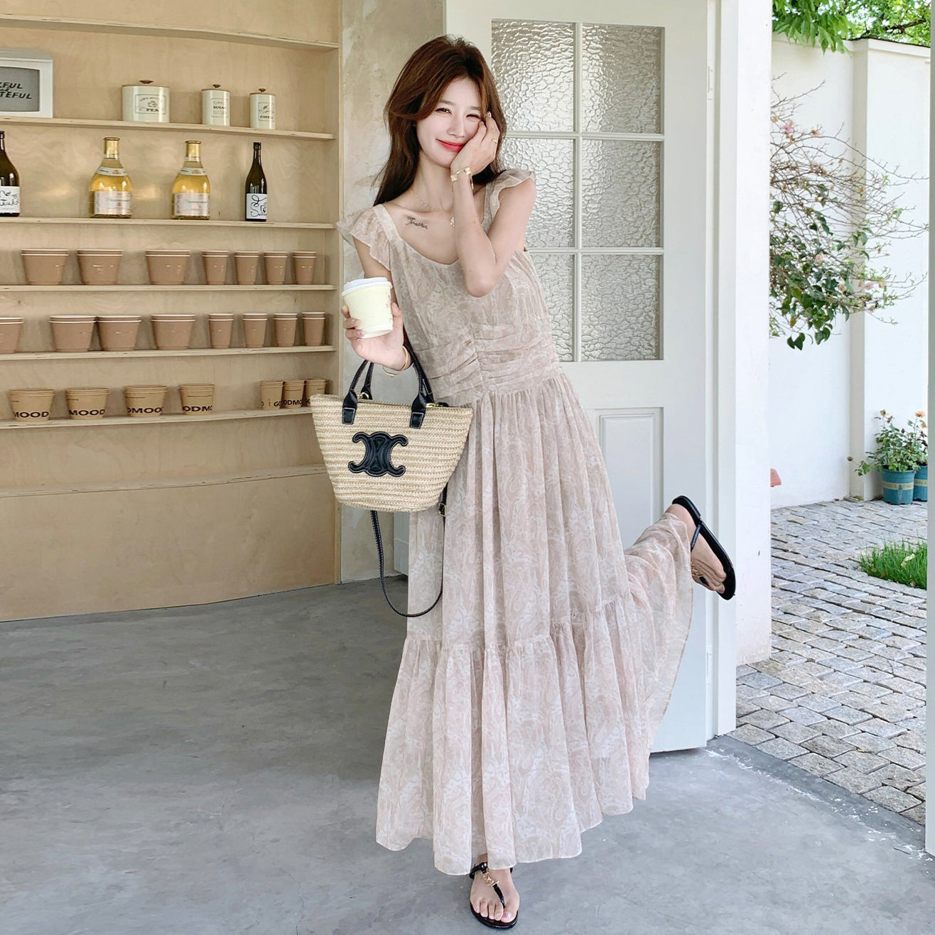 【ワンピース】フレンチ 小花柄 フリルスリーブ ワンピース レディース 夏新作 リゾート風 ロング丈 ノースリーブ【SHシリーズ】