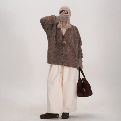 【アウター】秋らしいヘーゼルブラウンカラー♡ ミックス糸Vネックカーディガン ゆったりシルエットで大人可愛い雰囲気【JZシリーズ】【25~30日内発送】