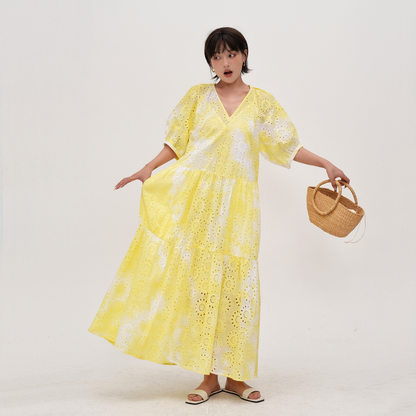 【ワンピース】【15～18日内発送】夏 Vネック 刺繍 透かし彫り 半袖 ワンピース 【JZシリーズ】