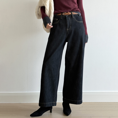 【ボトムス】ベルト付き！韓国風 ハイウエスト 裏起毛 ストレートデニムパンツ 冬 新作 ゆったりワイド カジュアル 【JZシリーズ】