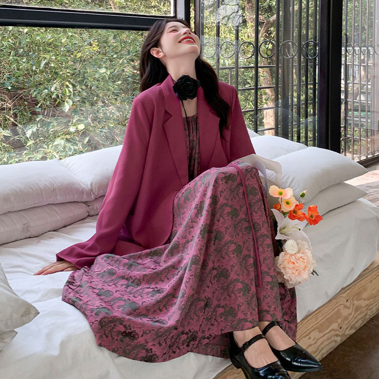 2点セット！【セットアップ】ピンク系 ジャケット重ね着風 ノースリーブワンピース セット 春秋 レディース  コーディネート楽々 大人可愛い【SHシリーズ】