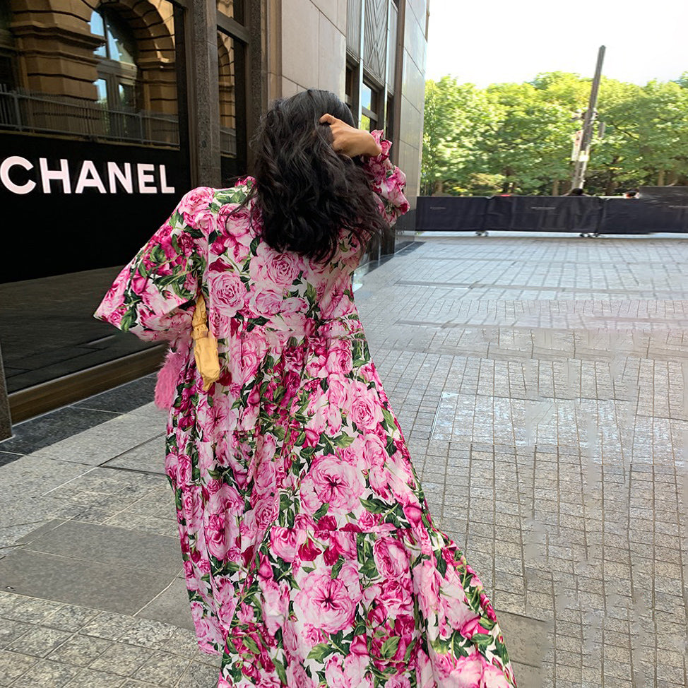 【ワンピース】春夏新作 レッド花柄 ゆったり Vネック 長袖ワンピース【SHシリーズ】