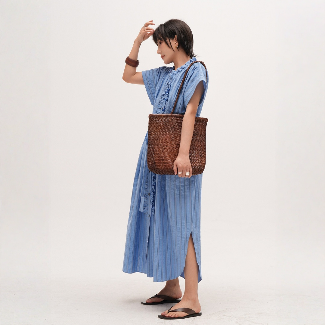 【ワンピース】【15～20日内発送】ノースリーブ  ストライプ フリルカラー リボン付き ウエストマーク ワンピース 【JZシリーズ】