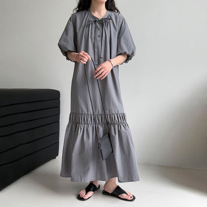 【ワンピース】韓国風 リボン付き パフスリーブ バルーンシルエット ロングワンピース 夏 着痩せ効果 半袖ドレス【JZシリーズ】