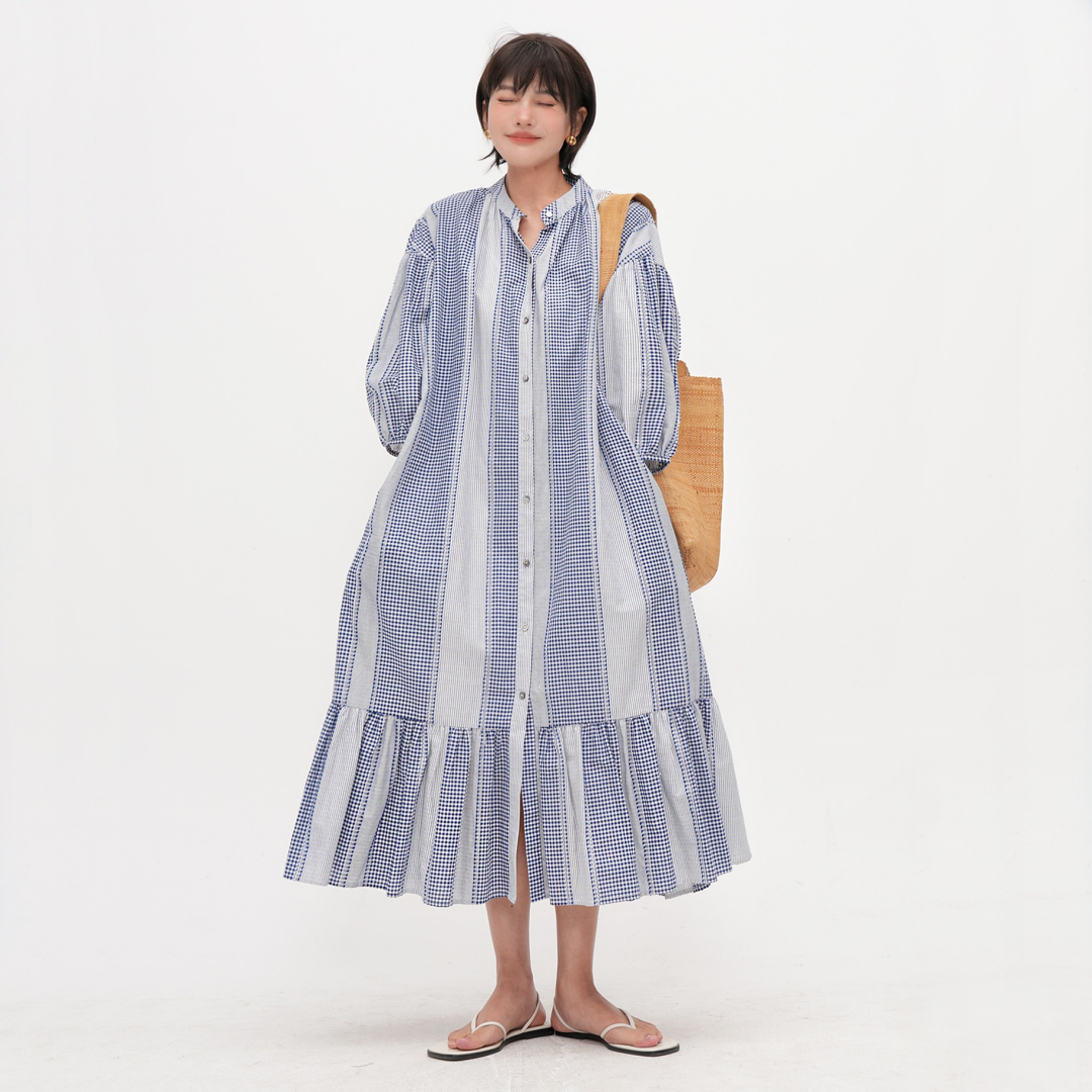 【ワンピース】【15～18日内発送】夏 ブルーストライプ Aライン ティードレス 半袖 ワンピース 【JZシリーズ】