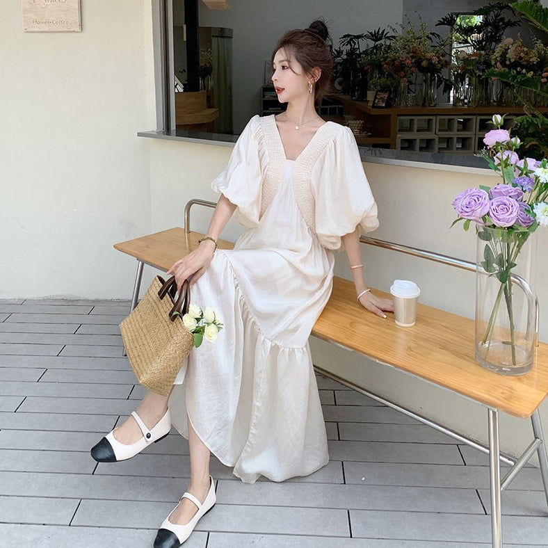 【ワンピース】フレンチ風 高級感 Vネック バルーンスリーブ 半袖ワンピース ゆったりスリム見え 気品リゾート ロングドレス【JZシリーズ】