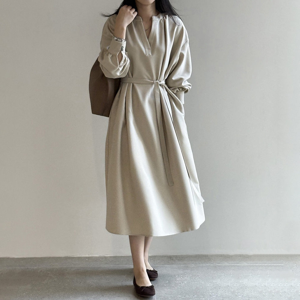 【ワンピース】Vネックウエストリボンワンピース レディース バルーンスリーブ とろみ素材 ミディ丈 通勤 OL  秋コーデ【JZシリーズ】
