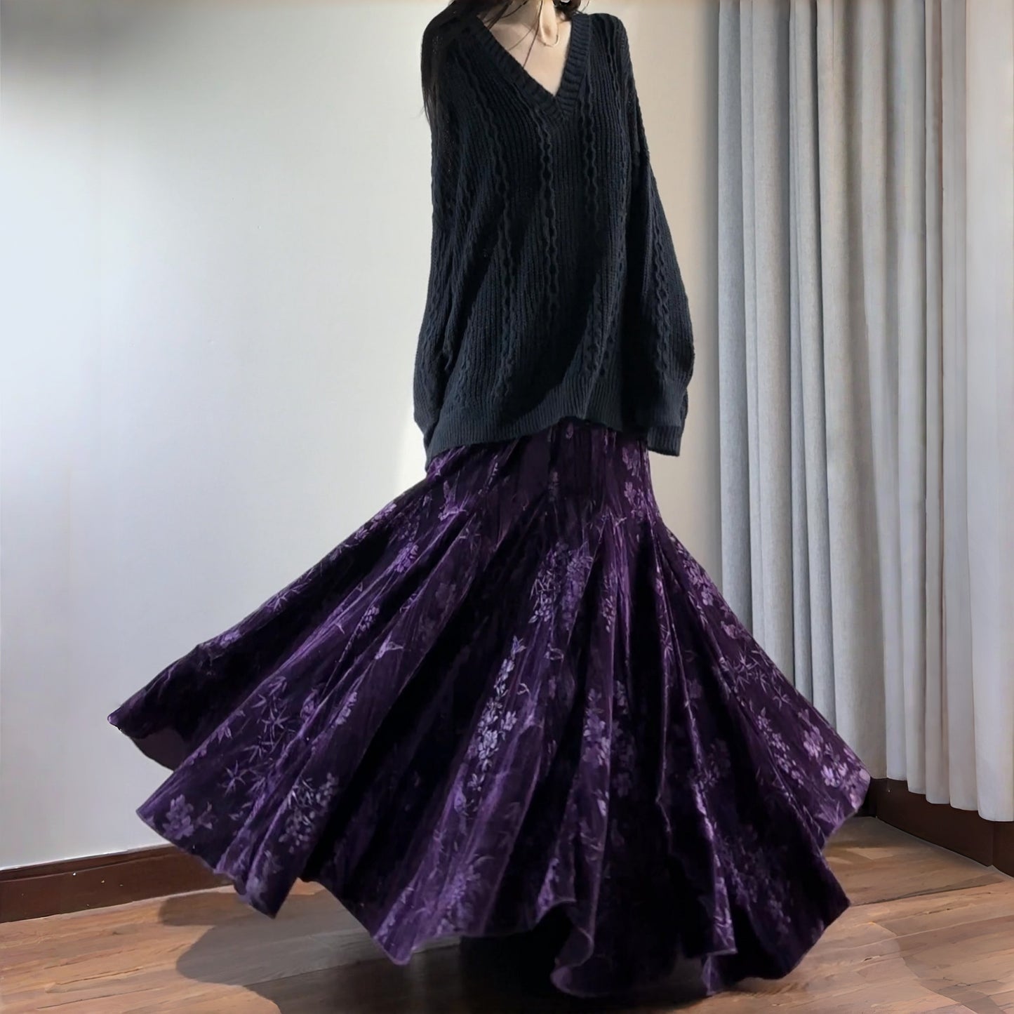 【ボトムス】オールドマネー プリント ベルベット アシンメトリー マーメイドスカート【SHシリーズ】