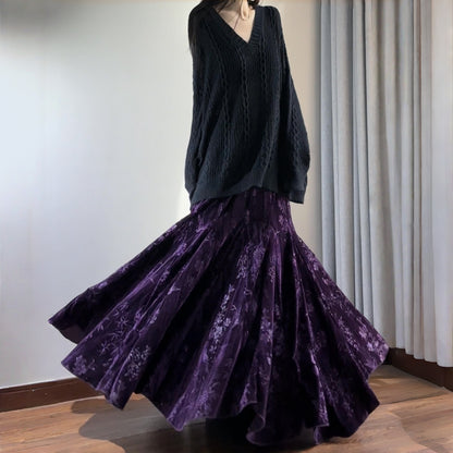 【ボトムス】オールドマネー プリント ベルベット アシンメトリー マーメイドスカート【SHシリーズ】