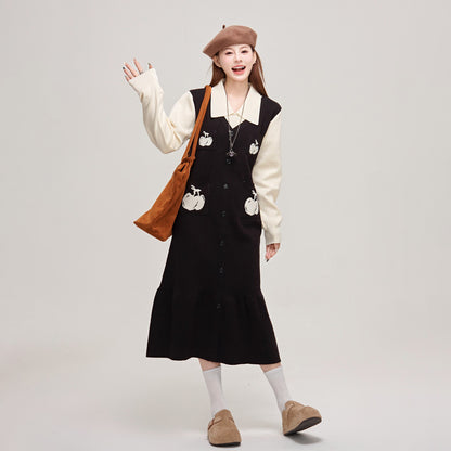 【ワンピース】🍒チェリーデザイン♡ツーピース風ニット長袖ワンピース  冬 レディース 高級感【JZシリーズ】