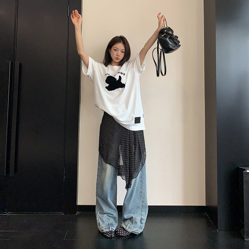 【トップス】ヴィンテージ風 カートゥーンフロッキープリントTシャツ レディース 夏 シンプル ルーズ 半袖【FCシリーズ】
