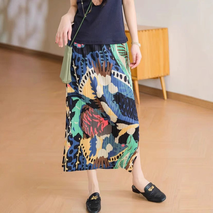 【ボトムス】レトロ気質 夏 プリーツ加工 グリーンフォレストプリントスカート 落ち着いた雰囲気【SHシリーズ】