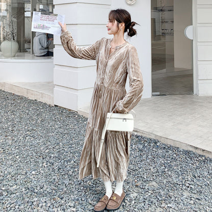 【ワンピース】Vネック ベロア 長袖ワンピース 春新作 ゆったり フレンチレトロ【JZシリーズ】