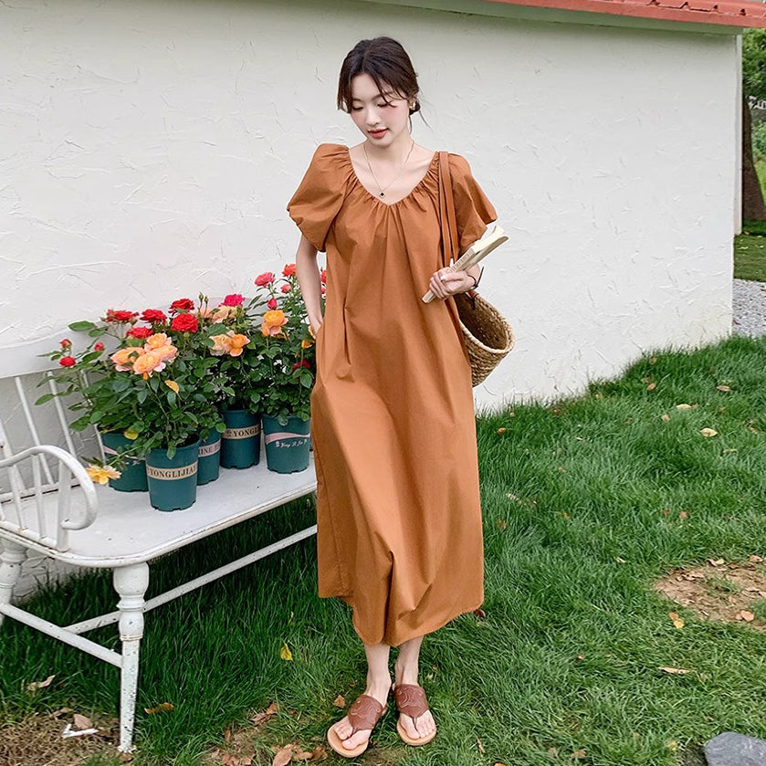 【ワンピース】フレンチ風半袖 ワンピース レディース Vネック 花びら袖 Aライン 夏  ゆったり 体型カバー【JZシリーズ】