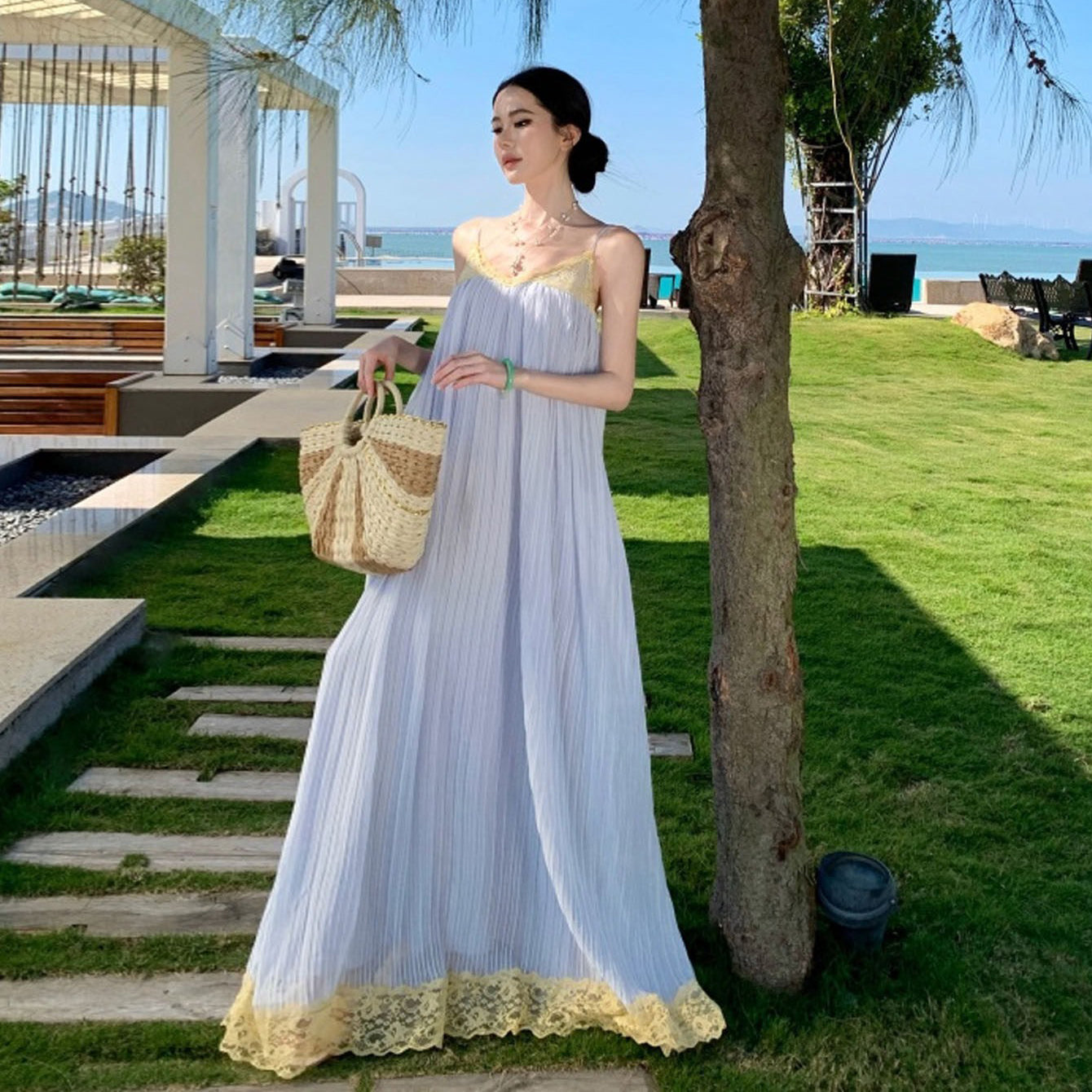 【ワンピース】海島リゾート風 シフォンキャミワンピース ふんわり大フレア ロング丈 海辺&旅行コーデ ノースリーブドレス【SHシリーズ】