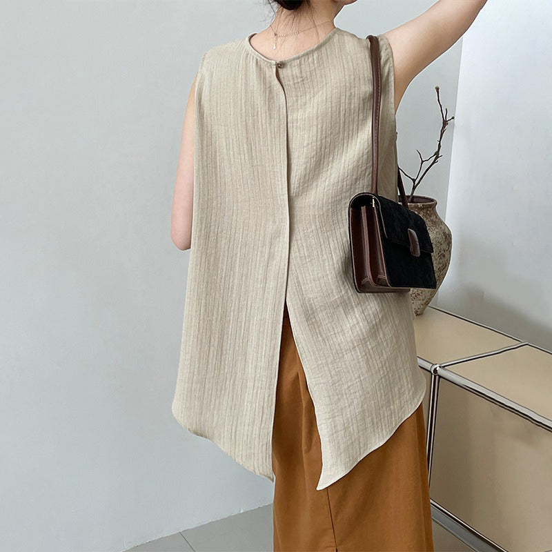 【トップス】レディース デザインベスト バックスリット入り クルーネック ノースリーブ 上品 きれいめ 通勤トップス 春夏【JZシリーズ】