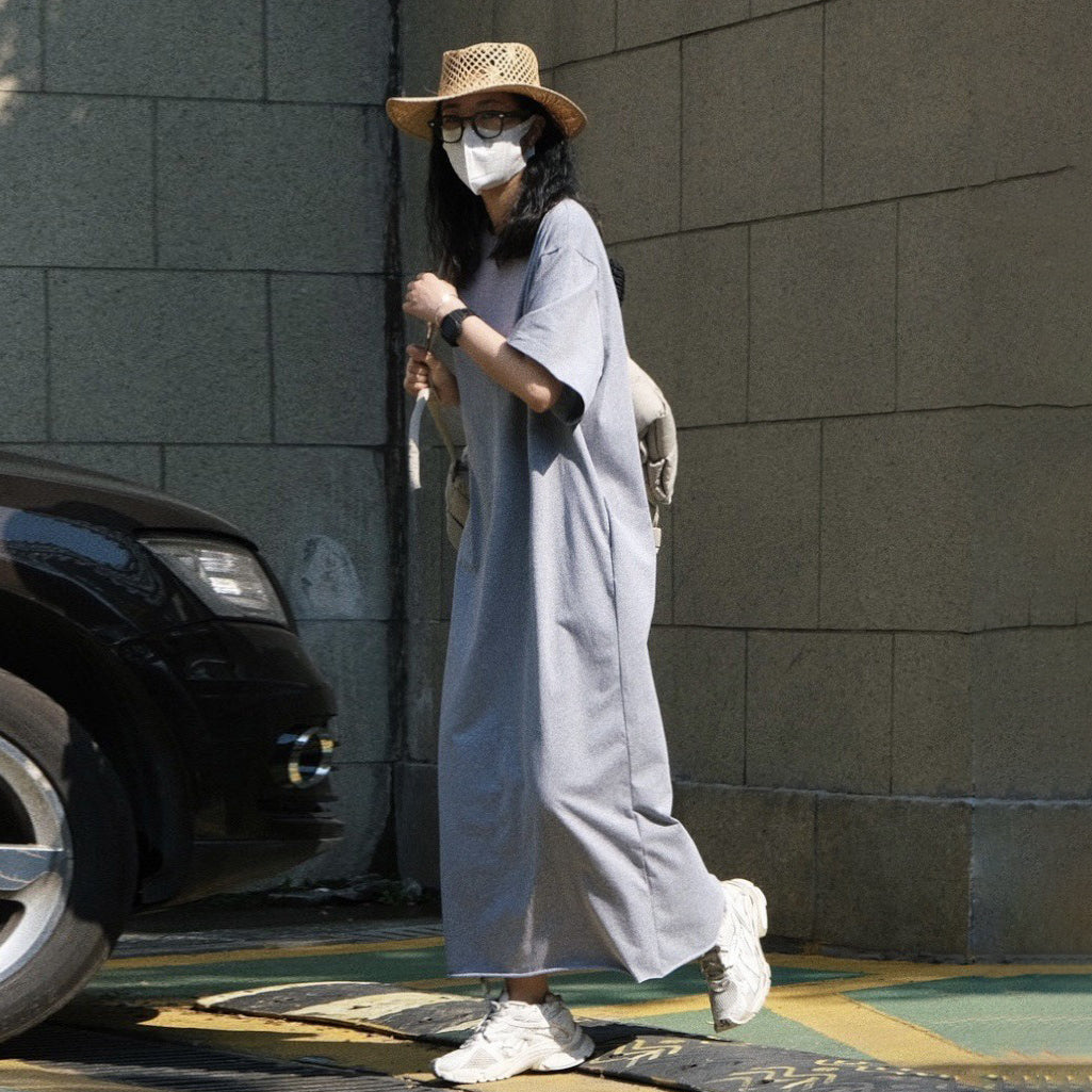 【ワンピース】夏新作 ゆったりシルエット 着痩せ効果 韓国風 カジュアル スポーティー 半袖Tシャツワンピース【JZシリーズ】