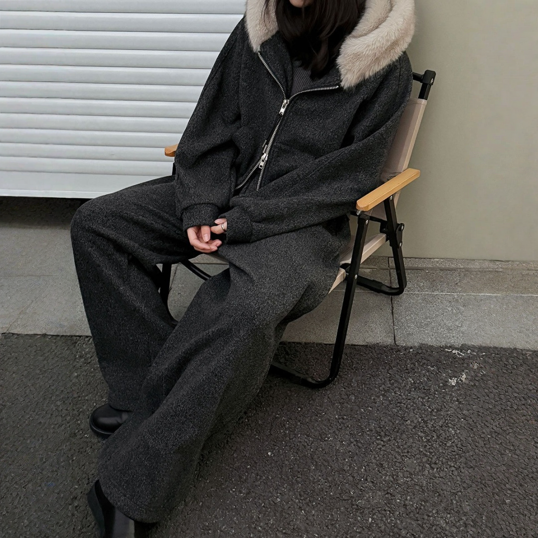 【セットアップ】【単品注文】ファー襟 スウェットアウター + カーブ ワイドパンツ 2点上下セット 【JZシリーズ】