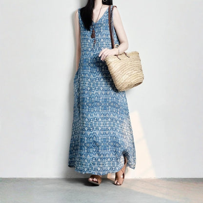 【ワンピース】Vネック レトロ プリント ノースリーブ ワンピース 【SHシリーズ】