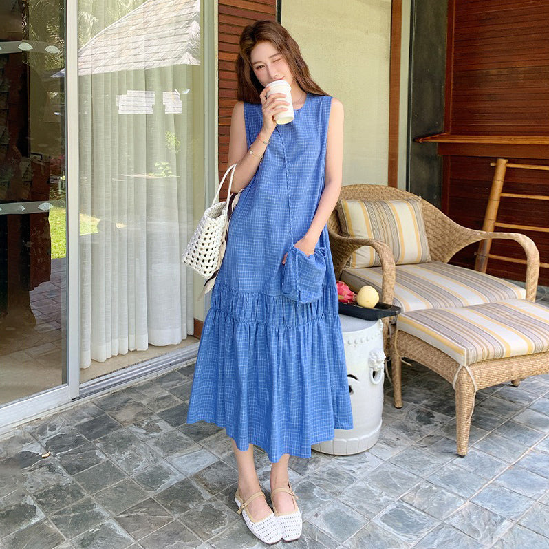 【ワンピース】清潔感 夏 韓国風 チェック柄 ノースリーブワンピース【SHシリーズ】