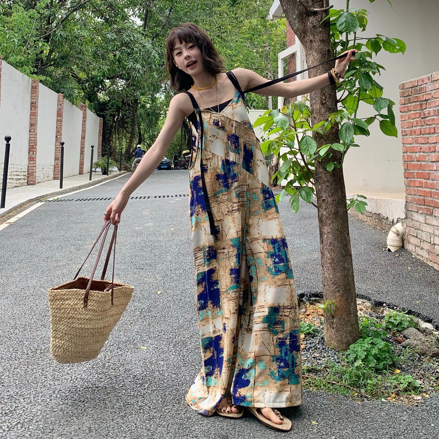 藝術染色寬鬆背帶闊腿連體褲｜夏季時尚連體褲【SH系列】