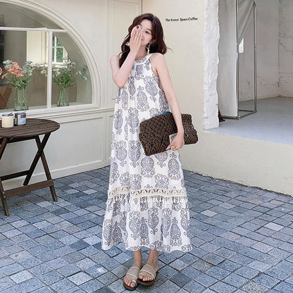 【ワンピース】高級感 青花瓷プリント 夏 刺繍 フリンジ ドレープ ノースリーブワンピース【SHシリーズ】