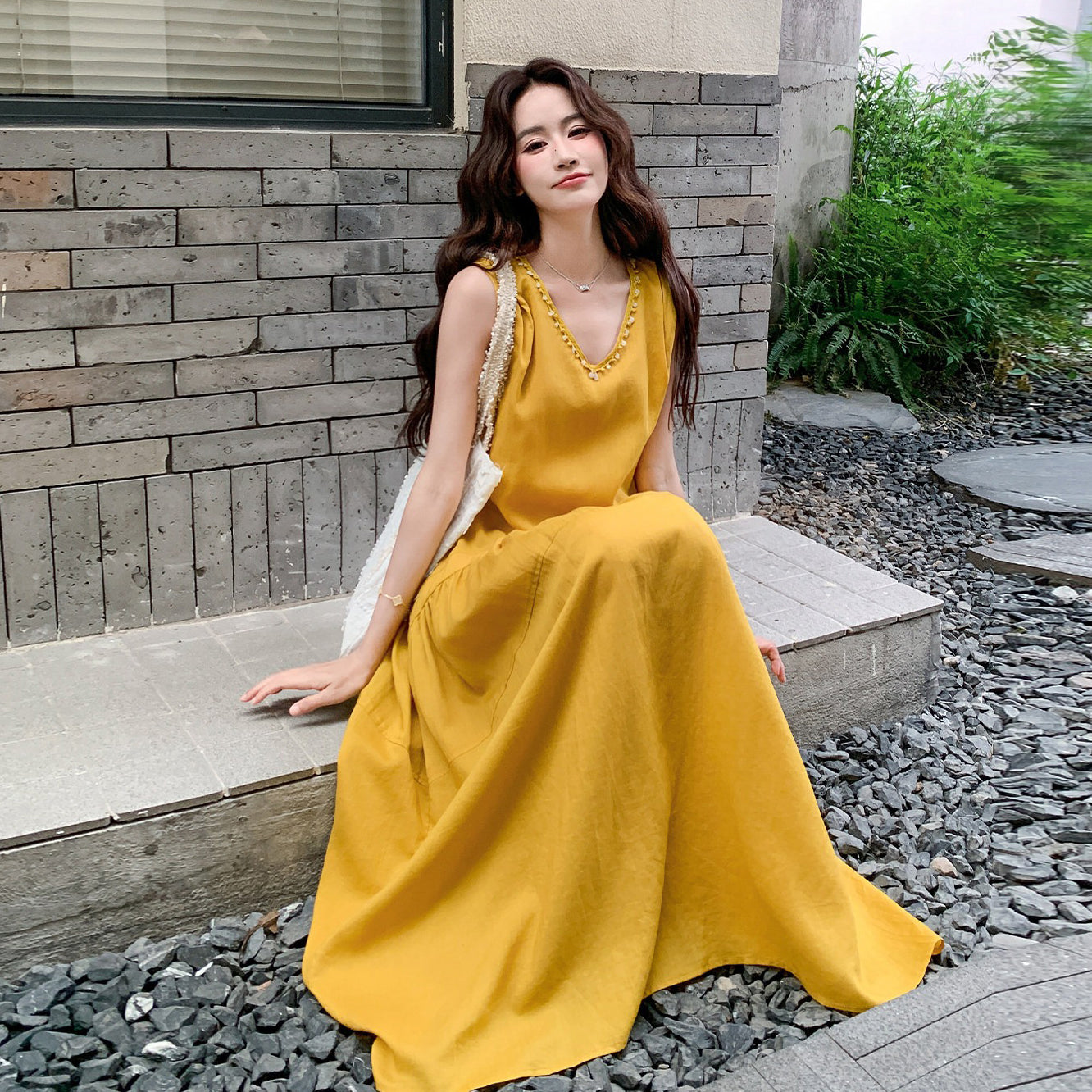 【ワンピース】Vネック ノースリーブ ワンピース レディース 夏 ロング丈 ゆったり 体型カバー 抜け感 大人可愛い【JZシリーズ】