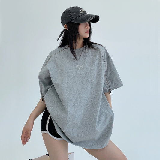 【トップス】夏 切り替え 立襟 刺繍 ルーズ 半袖 Ｔシャツ【FCシリーズ】