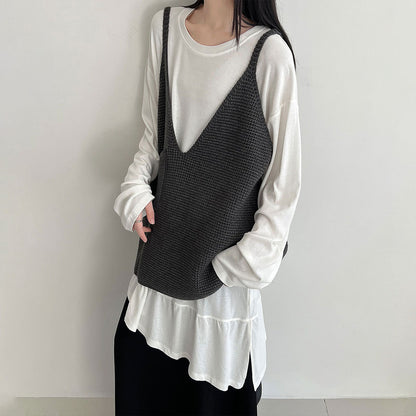 【トップス】韓国風 切替 ドレープ感 フリルデザイン Tシャツ 早春新作 長袖 デザイン感【JZシリーズ】