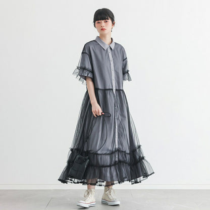 【ワンピース】デザイン感 フェイクレイヤード 切り替え Aライン 半袖ワンピース レディース 夏 無地 フレアスリーブ ロングワンピース【JZシリーズ】