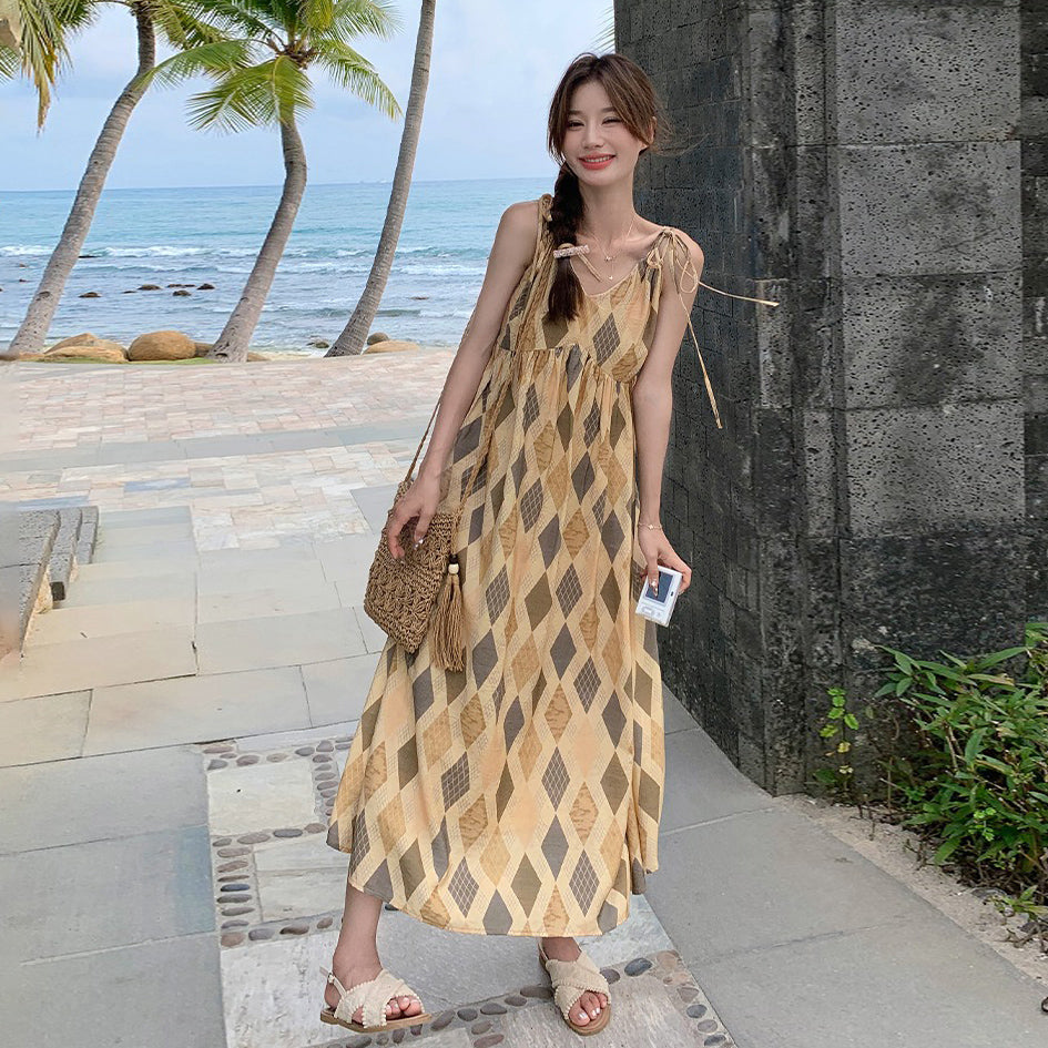 【ワンピース】夏  ビーチリゾート風  ダイヤモンドチェック ノースリーブキャミソールワンピース【SHシリーズ】